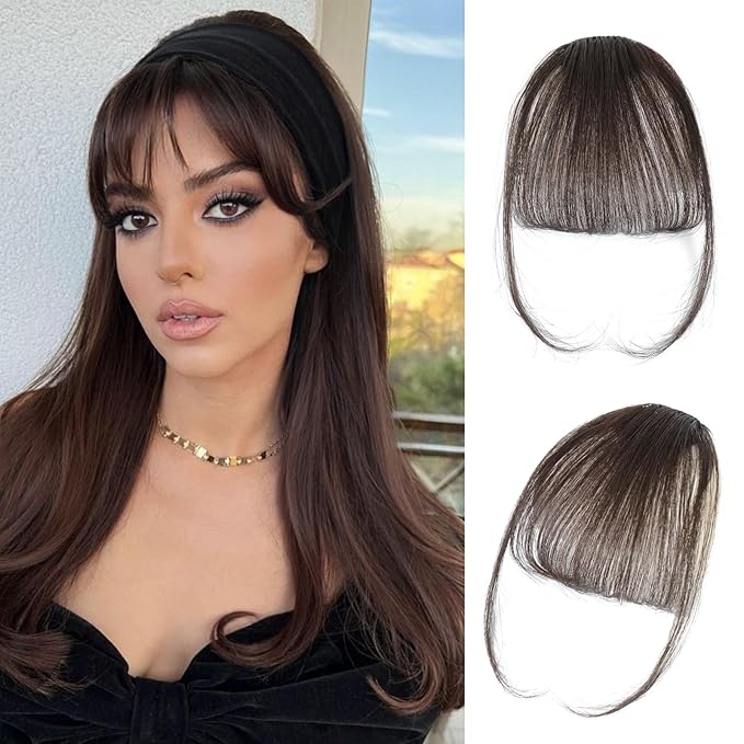 Clip in Bangs Real Human Hair Dark Brown Wispy Bangs Fake Bangs with Fringe Clip on Bangs Curved Bangs Hairpieces for Women Daily Wear