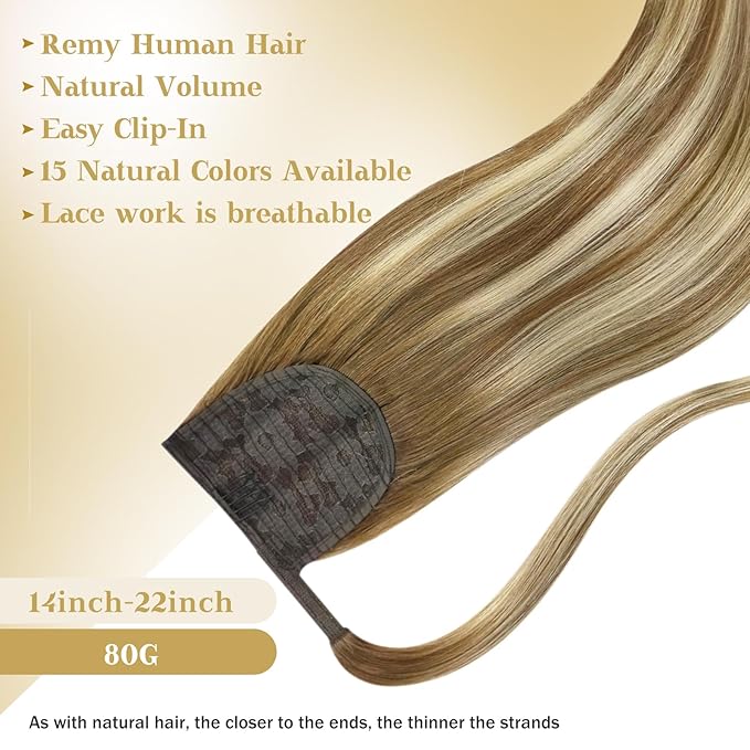 Ve Sunny Hair Extensions Ponytail Real Human Hair Wrap Around Clip in Ponytail Hair Extensions Straight Extensions Human Hair for Women Chestnut Brown Ombre Platinum Blonde Balayage 16inch 80G