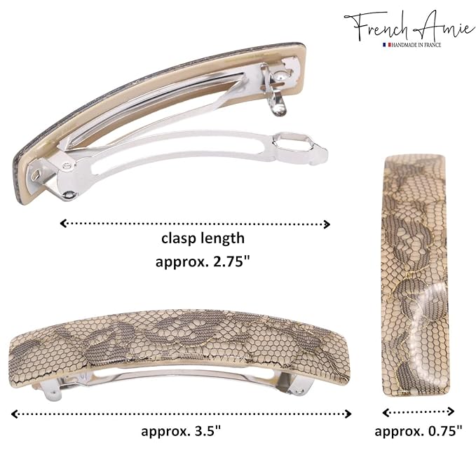 French Amie Oblong Handmade 3.5" Celluloid Automatic Hair Clip Barrette French Hair Clip for Girls Strong Hold Hair Clips for Women No Slip Durable Paris Hair Accessories, Made in France (Beige Net)