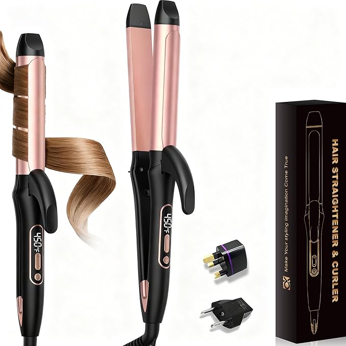 2 in 1 Curler and Straightener Travel Dual Voltage Curling Iron 1.25 Inch Normal Size Hair Curler Ceramic with EU/UK Plug Adapter for Travel Curling Wand Adjustable Temperature and Anti-Tangle