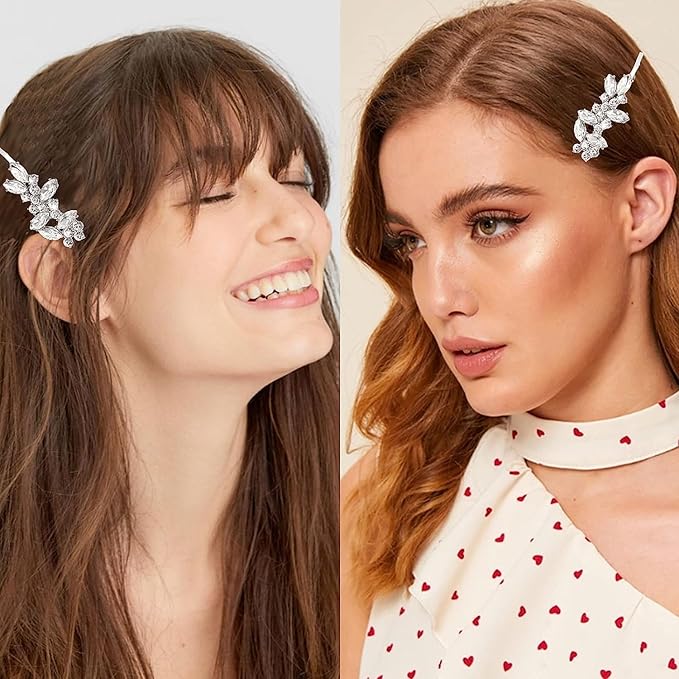 4pcs Rhinestone Pearl Wedding Hair Clips Silver New Bride Bridesmaid Spring Clips French Hairpins Elegant Floral Stylish Accessories Gift for Women Girls Leaf Style
