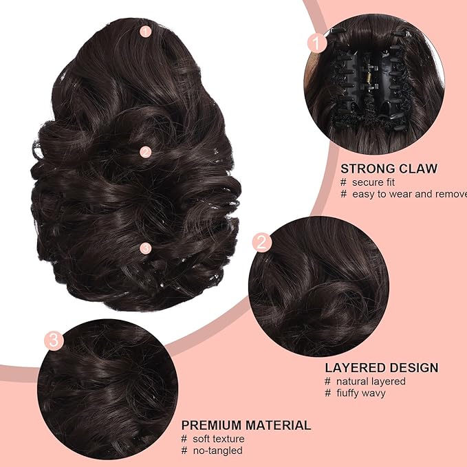 Ponytail Extension, Clip on Ponytails for Women, 9" Claw Clip in Short Curly Wavy Pony Hair Extension for Women - Darkest Brown