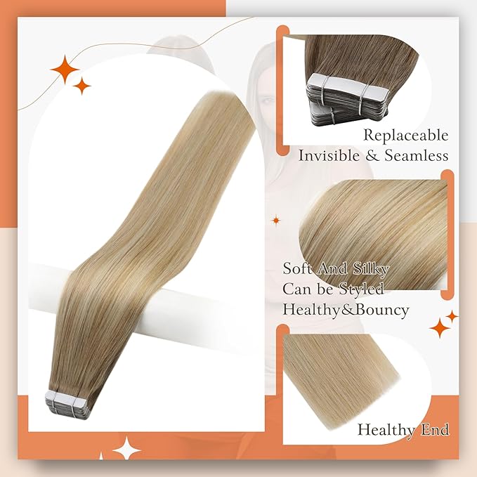 Full Shine Blonde And Brown Tape in Hair Extensions Color 6/27/60 Balayage Blonde Human Hair Tape in Exensions 100G Seamless Soft Skin Weft 20Inch Brazilian Extension Bridal Hairstyles 40Pcs