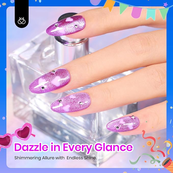 Beetles Cat Eye Gel Nail Polish, 6 Colors Summer Cat Eye Glitter Gel Polish Set Neon Red Pink Purple Blue Green with Magnet Velvet Gel Kit French Nail Art Manicure Gift for Women