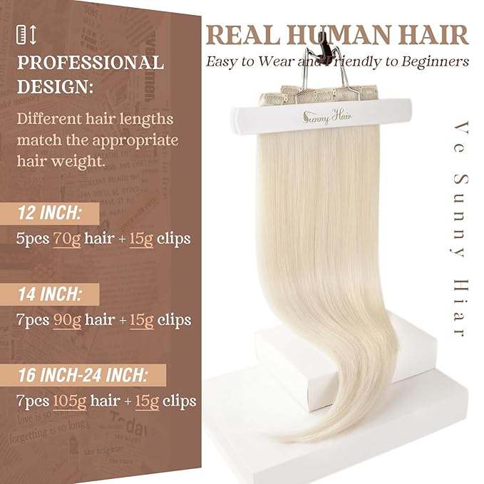 Ve Sunny Blonde Clip in Hair Extensions 22inch Platinum Blonde Human Hair Extensions Clip ins Long Hair Clip in Human Hair Extensions Color 60 Add Hair Length 7pcs 120g