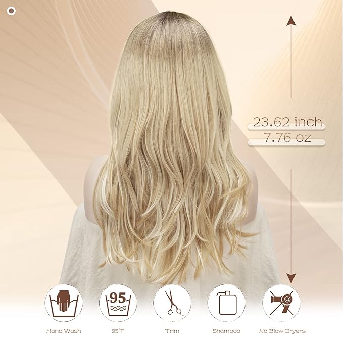 SOFEIYAN Long Straight Layered Blonde with Black Roots Wig with Bangs 24 Inch Synthetic Natural Hair Wig Soft Heat Resistant Long Wigs for Women Daily Party Use