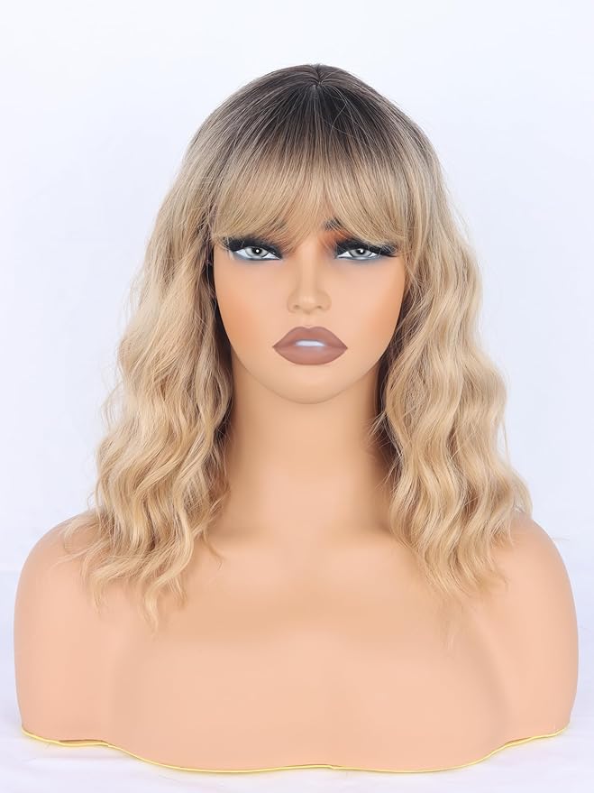 Blonde Wavy Wig with Bangs for Women Shoulder Length Synthetic Wigs Natural Wavy Blonde With Dark Brown Roots Wigs Heat Resistant for Daily Party Use
