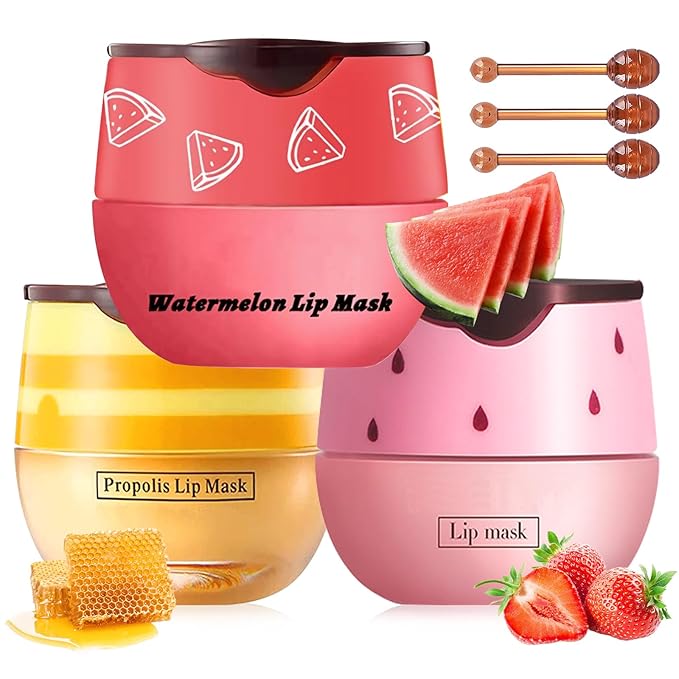 3 PCS Bee Lip Balm Lip Mask Honey Pot, Honey & Strawberry & Watermelon Lip Mask Overnight Propolis Moisturizing Lip Balm with Stick, Hydrating Repair Lip Sleeping Mask,Prevention Dry & Cracked