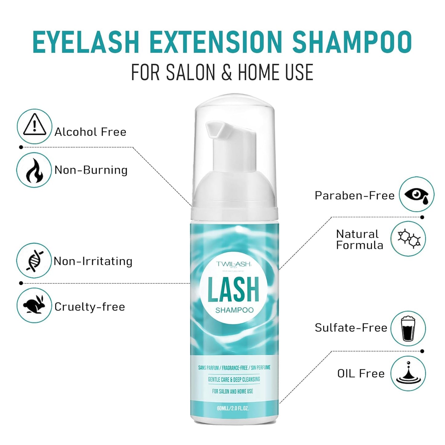 Lash Shampoo for Lash Extensions 2 Fl Oz / 60ml - Includes 2 Lash Shampoo Brushes for Cleansing - Eyelash Extension Cleanser for Professional Salon and Home Use (Unscented-60ml)