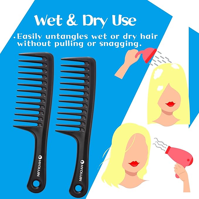 HYOUJIN Two Set Large Wide Tooth Comb Detangling Wet or Dry Combs for Shower, Hair Styling Brush for Natural, Curly, Long Hair for Women and Men