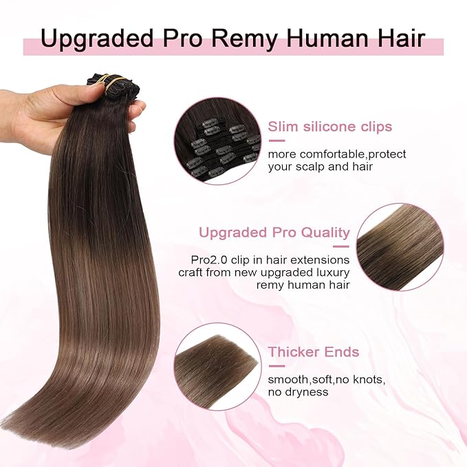 Pro2.0 Clip in Hair Extensions Real Human Hair 20inch 7pcs Color #2/6/18 Dark Brown to Dirty Blonde Remy Real Human Hair Extensions Clip ins 120g Thick Double Weft（#2/6/18-20inch）