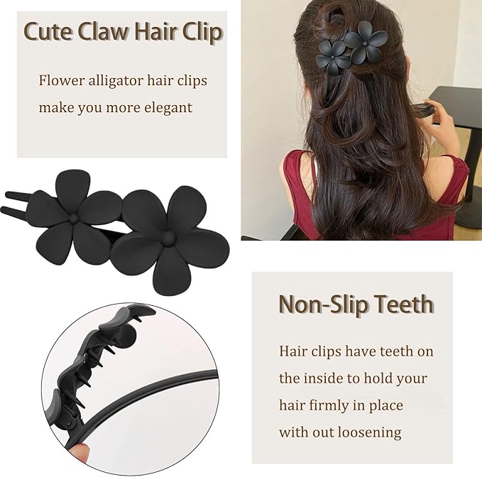 5Pcs Flower Flat Hair Clips for Women Matte Flat Hair Claw French Alligator Clips Non-Slip Cute Duck Billed Flat Claw Clips for Thick Hair for Girls, white,green,black,purple,blue