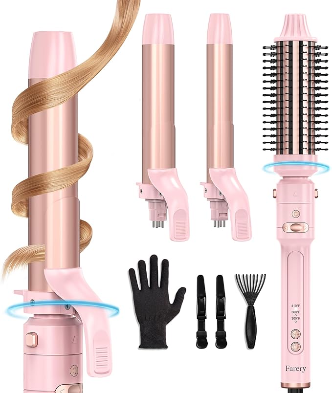 Farery 3-in-1 Interchangeable Automatic Rotating Curling Iron & Thermal Brush Set, 1'' /1.25'' Curling Iron, Automatic Hair Curler with 1.5'' Heating Round Curling Brush, 3 Temps Adjustable 300-410°F