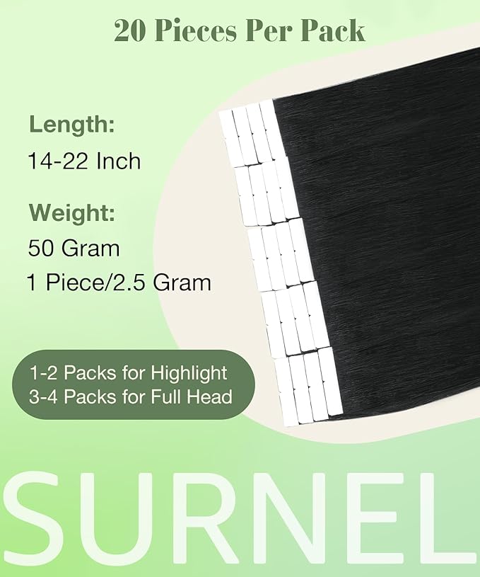 SURNEL Tape in Hair Extensions Color 1 Jet Black Hair Extensions Tape in Real Human Hair 20pcs 50g 14 inch(#1-14)