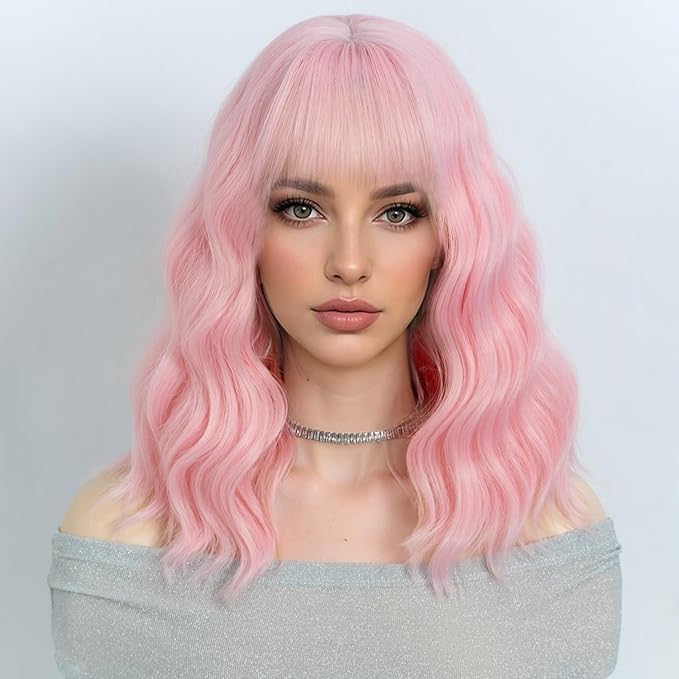 NOBLE Pink Wig Bob Wig with Bangs Short Loose Wavy Wigs for Women Shoulder Length Heat Resistant Synthetic Hair Bob Wavy Colored Wigs for Halloween Cosplay 12 Inches