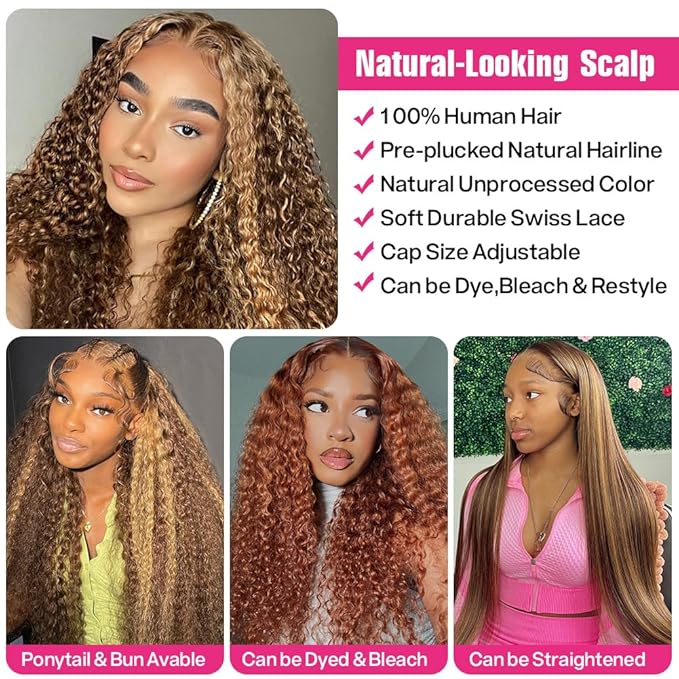 CYNOSURE 13x5 Honey Blonde Curly Wigs Human Hair 180% Density Highlight Ombre Deep Wave Curly 4/27 Colored HD Transparent Lace Front wig Human Hair Pre Plucked with Baby Hair 28 Inch