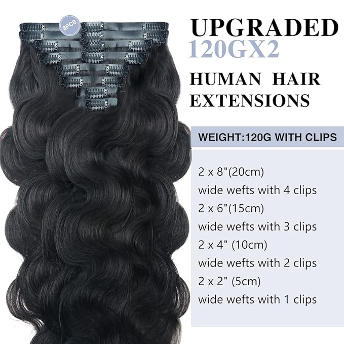 2 Pack 240g 16Pcs Body Wave Seamless Clip in Hair Extensions Real Human Hair Full Head 15A Remy Human Hair Clip ins with PU Skin Weft 16inch Natural Black