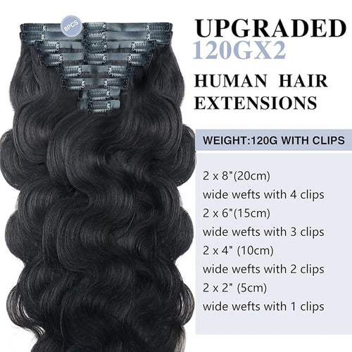 2 Pack 240g 16Pcs Body Wave Seamless Clip in Hair Extensions Real Human Hair Full Head 15A Remy Human Hair Clip ins with PU Skin Weft 16inch Natural Black
