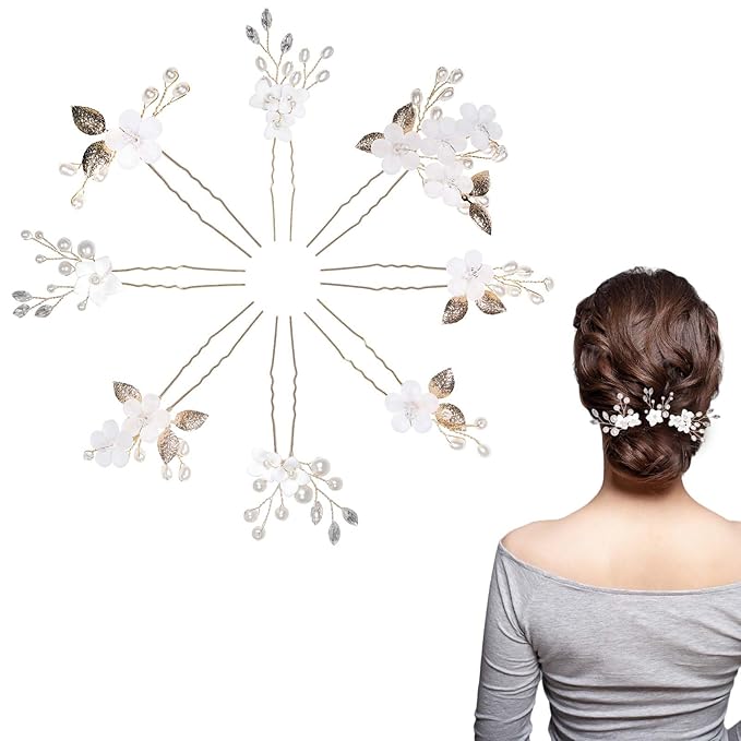 8Pcs Gold Bridal Wedding Hair Pins,White Flower Leaf Hair Piece Pearl Rhinestone Hair Clips,Hair Accessories for Women Brides Bridesmaid