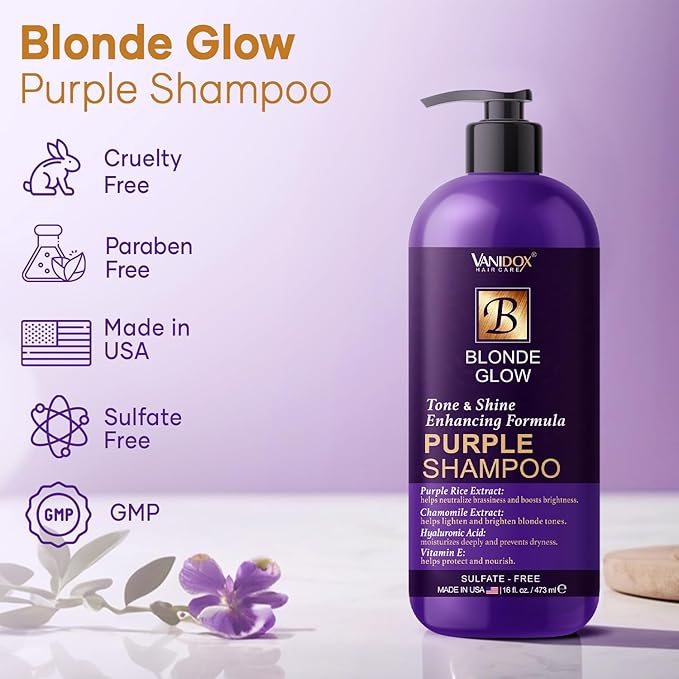 Sulfate Free Brass Toning Purple Shampoo for Blondes, Brown Highlighted, or Bleached Hair, Infused with Purple Rice Extract, Hyaluronic Acid, Vitamin E, and Chamomile Extract (16 fl oz)