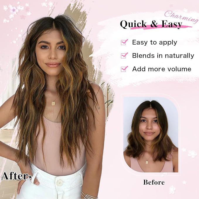 Clip in Hair Extensions, 16 Inch Omber Blonde Hair Extensions Clip Ins Wavy, 8PCS Synthetic Thick Hairpieces for Women