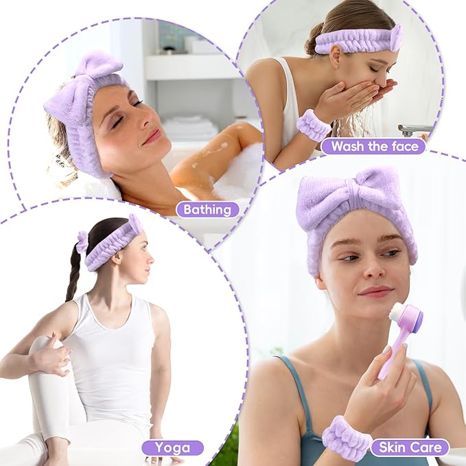 Spa Headband for Washing Face, Skincare headband and wristband set, Facial Cleansing Brush, 2-in-1 Skin Care face Brush, Come with a Hair Scrunchie For Massaging Makeup Skincare-Purple