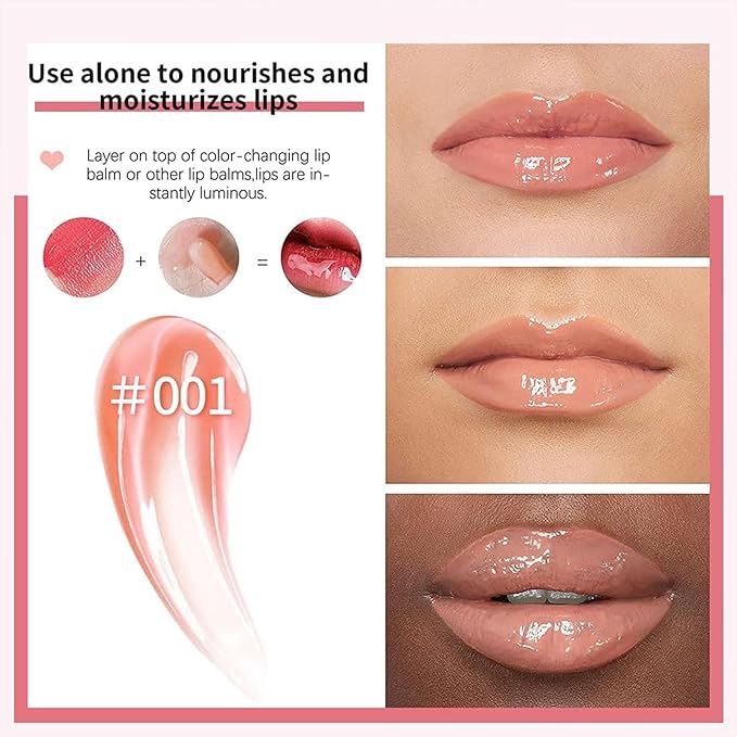 Hydrating Lip Glow Oil, Lip Oil Gloss Transparent Toot Tinted Nourishing Long Lasting Repairing Lightening Lip Lines (PINK) 0.2 OZ