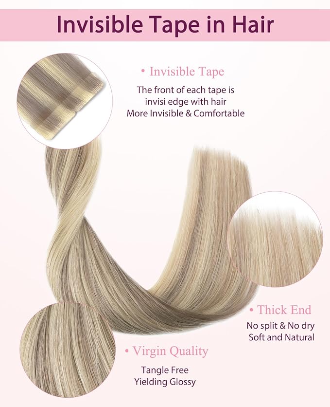 Pinkpearl Invisible Tape in Hair Extensions Human Hair, 20pcs 14inch 40g #18P60 Ash Blonde Highlighted Platinum Blonde Injection Tape in Extensions Real Remy Seamless Human Hair Injected