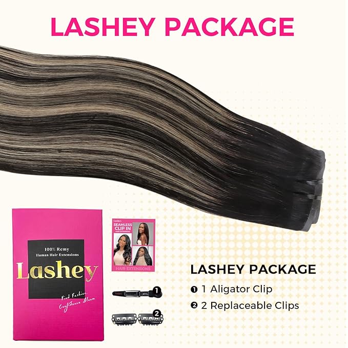 Lashey Seamless Clip in Hair Extensions Human Hair, 110g 7pcs Straight Balayage Natural Black to Light Blonde Highlighted Clip in Hair Extensions for Black Women 18 Inch