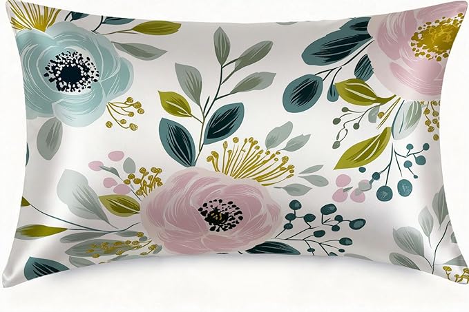 Silk Pillow Case for Hair and Skin Pink and Blue Floral Flowers Standard Size Silk Pillow Case with Zipper Super Soft Pillow Covers for Women Bed Sleeping, 20x26 Inches
