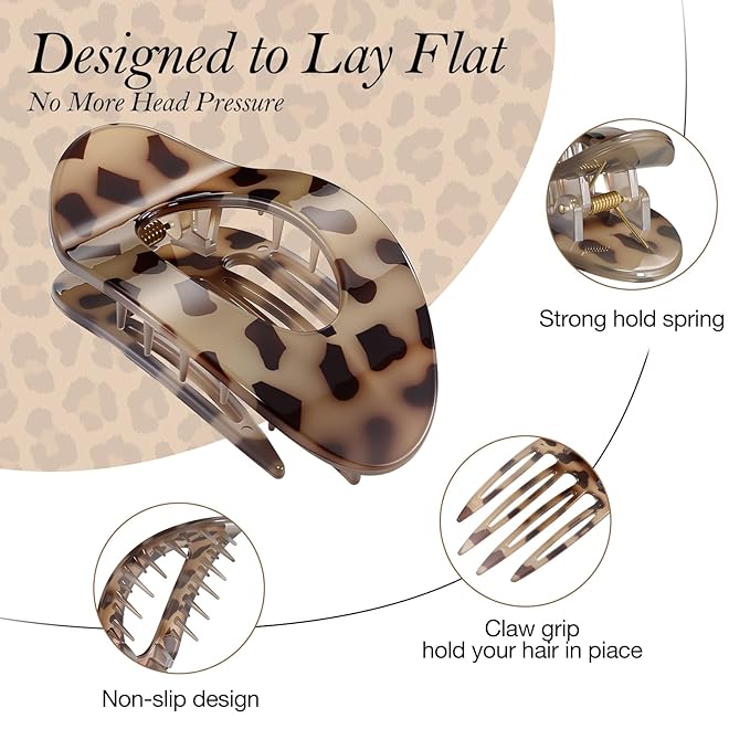 Upgraded 8 Pack French Flat Hair Clips for Women Girls, Matte Lay Flat Claw Clips, Large No-Slip Claw clips for Thick &Thin Hair, Strong Hold Styling Barrettes Accessories for Daily Styling (Leopard)