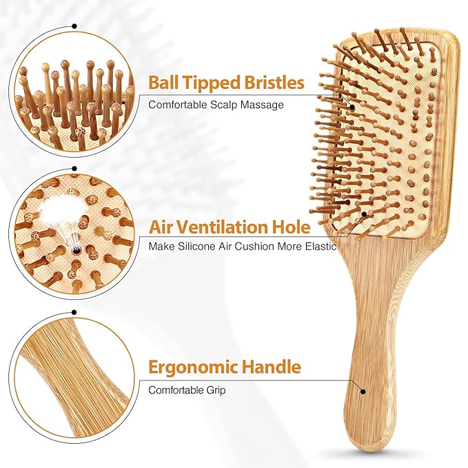 Pack of 2 Hair Brush with Natural Boar Bristles, Massages Scalp Anti-Static Hair Detangle for All Types, Lightweight (Paddle)