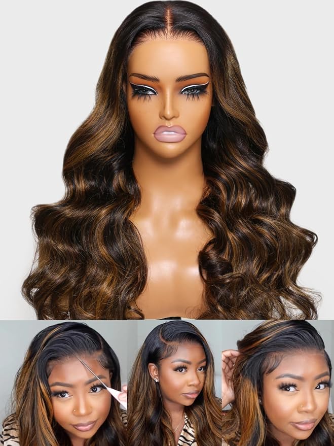 Julia Hair Bye Bye Knots Glueless Wig Highlight Balayage Brown Body Wave 7x5 Pre Cut HD Lace Front Wigs Human Hair Pre Plucked Bleached Knots Pre Everything Ready To Go Ombre Wig 26 Inch