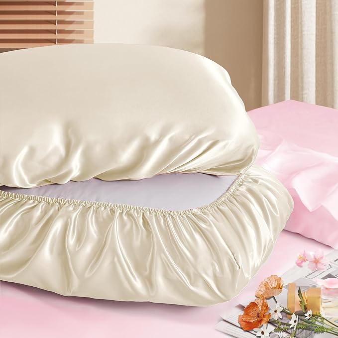 Manyshofu Satin Pillowcases for Hair Protection - 1Pcs Beige Pillow Cases, Elastic Band Standard & Queen Satin Pillowcases Luxury Silky Pillow Cases Travel Pillow Covers