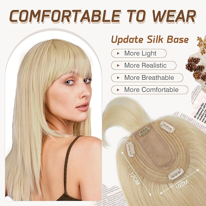 Rich Choices Real Human Hair Topper With Bang for Women - 100% Remy Hair for Thinning Hair, Clip in Silk Base, 10 Inch #613 Bleach Blonde