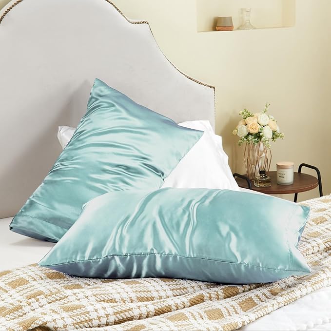 BEDELITE Satin Pillowcase for Hair and Skin, Super Soft and Cooling Similar to Silk Pillow Cases 2 Pack with Envelope Closure, Gift for Women Men(20"x26" Standard Size, Blue Grey)