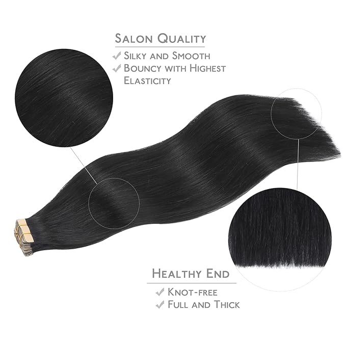 WENNALIFE Tape in Hair Extensions Human Hair, 20pcs 50g 16 inch Jet Black Remy Straight Extensions Skin Weft Tape Extensions