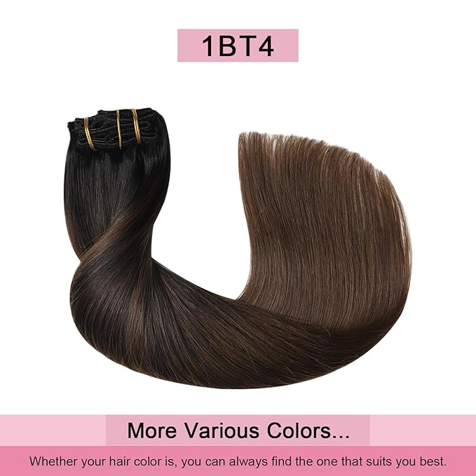 Pro2.0 Clip in Hair Extensions Real Human Hair 120g Thick 7pcs Color #1BT4 Natural Black Fading to Middle Brown Remy Real Human Hair Extensions Clip ins 14inch Double Weft（#1BT4-14inch）