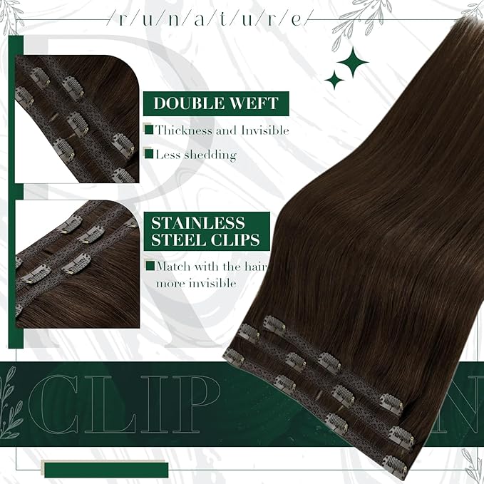 RUNATURE Brown Clip in Hair Extensions, Real Hair Extensions Clip Ins, Double Weft Human Hair Clip in Extensions, Remy Natural Hair for Women, Tangle-free Hair, 14 Inch 50g 3pcs #2 Dark Brown