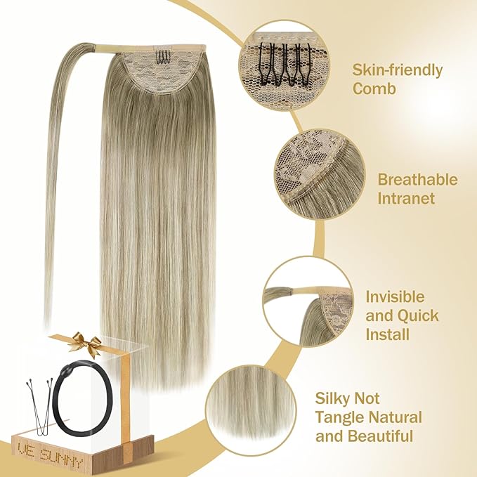 Ve Sunny Hair Extensions Ponytail Real Human Hair 80G Wrap Around Clip in Ponytail Hair Extensions Straight Extensions Human Hair for Women Ash Grey Balayage Platinum Blonde 14inch