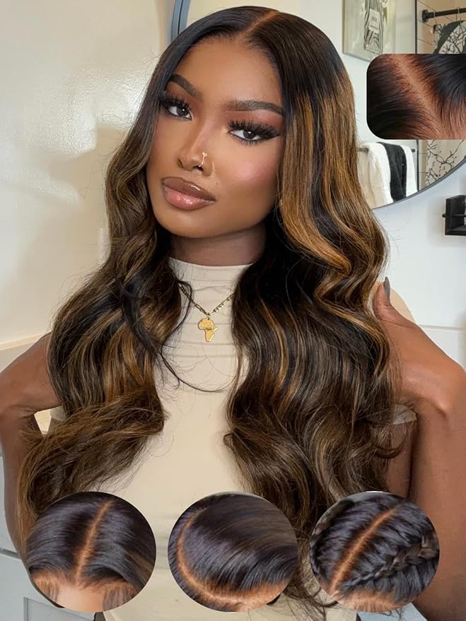Julia Hair Bye Bye Knots Glueless Wig Highlight Balayage Brown Body Wave 7x5 Pre Cut HD Lace Front Wigs Human Hair Pre Plucked Bleached Knots Pre Everything Ready To Go Ombre Wig 22 Inch