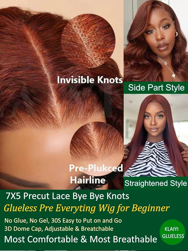 KLAIYI Bye Bye Knots Glueless Wig Reddish Brown Body Wave 7x5 Pre Cut HD Lace Front Wigs Human Hair Put On And Go Wig Pre Bleached Pre Plucked with Baby Hair 30S Ready To Wear 150% Density Full 16Inch