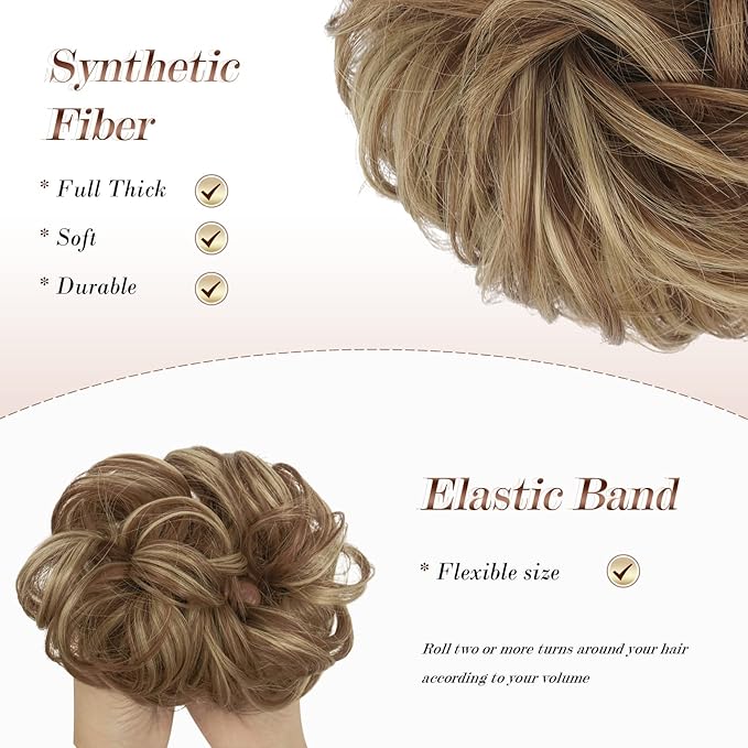 FESHFEN Messy Bun Hair Pieces - Large Wavy Curly Elastic Hair Bun Scrunchies Ponytail Extensions Synthetic Chignon Hairpieces for Women, Brown & Blonde 1.94oz