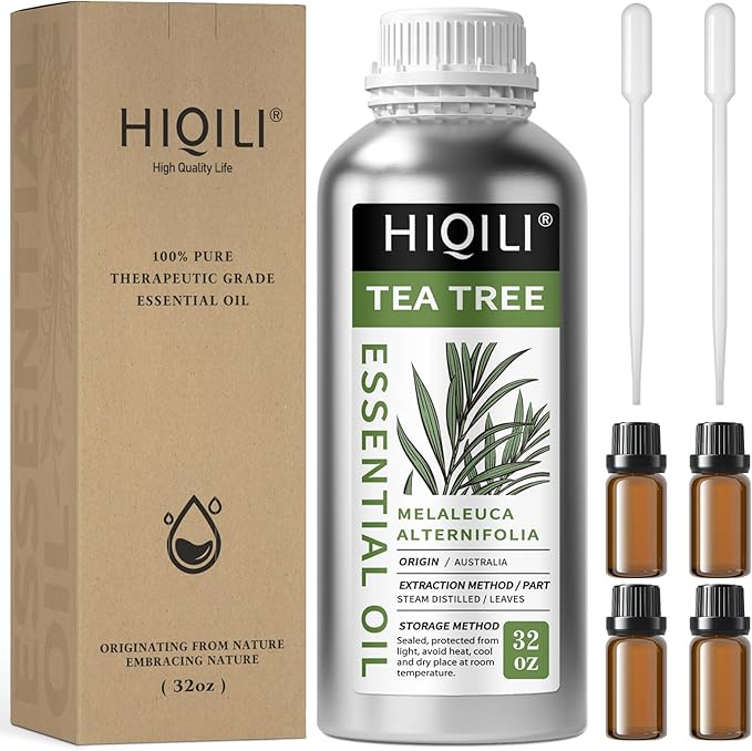 HIQILI Australian Tea Tree Essential Oil for Nail Repair, Hair Care, Add to Shampoo, Shower Gel, Foot Soak - 32 Fl Oz