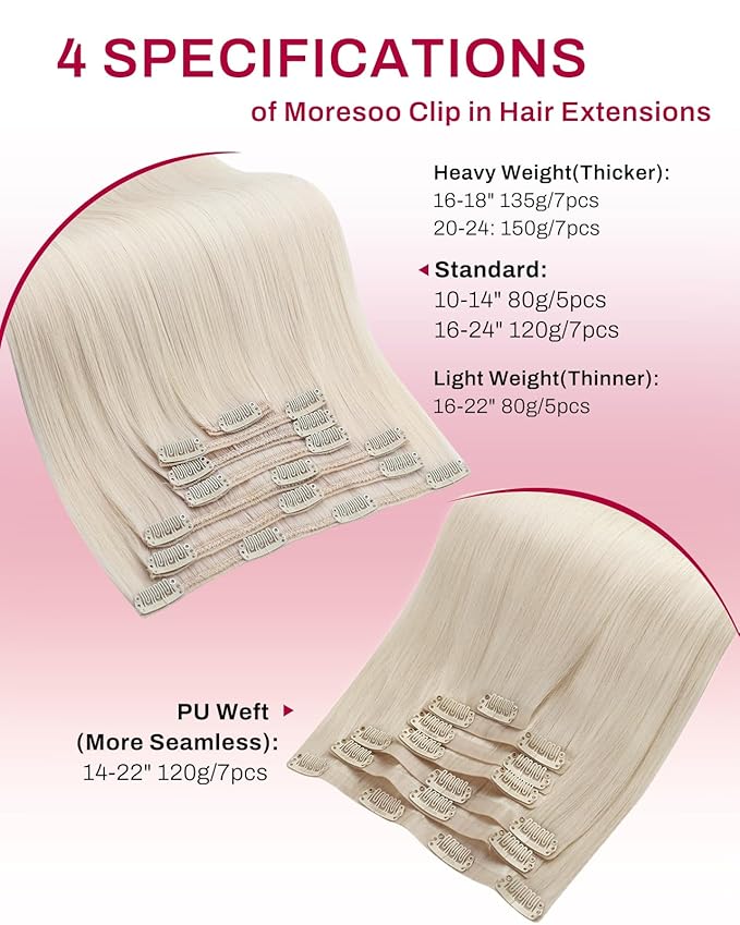 Moresoo Clip in Hair Extensions Real Human Hair Blonde Human Hair Clip in Extensions Platinum Blonde Double Weft 120g/7pcs 18 inch