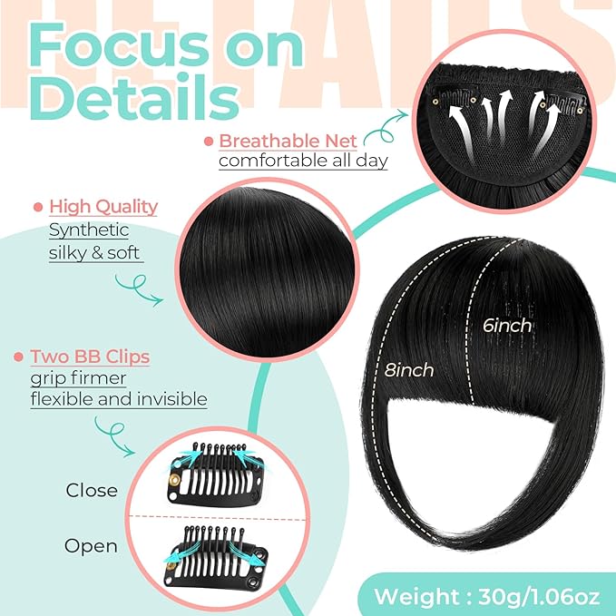 Clip in Bangs, Synthetic French Bangs Hair Clip, Fake Bangs Fringe with Temples Hairpieces for Women Natural Curved Hair Extensions for Daily Wear Dark Black