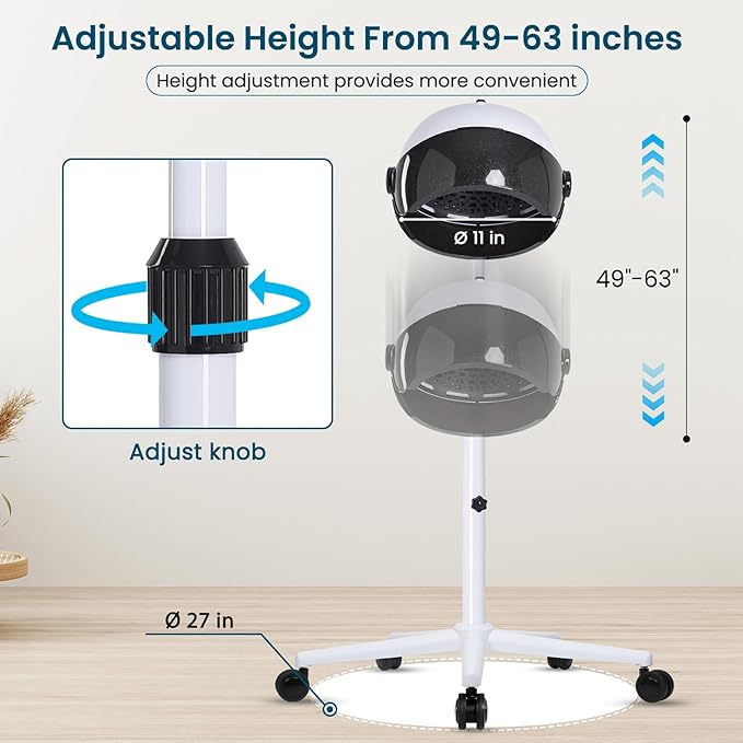 Hooded Hair Dryer, Professional Hood Dryer on Wheels, Sit Under Dryer, Standing Hair Dryer, White