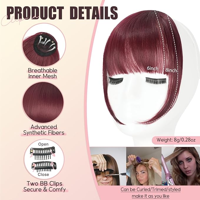 Clip in Bangs, Synthetic Wispy Bangs Hair Clip, Wine Red Fake Bangs Fringe with Temples Hairpieces for Women Natural Curved Hair Extensions for Daily Wear