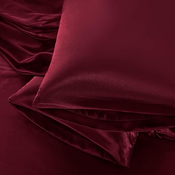 Aormenzy Satin Pillow Cases for Women Queen Size Set of 2, Burgundy Satin Pillowcase for Hair with Envelope Closure Silky Pillow Covers Wrinkle, Fade Resistant (20x30 Inches)