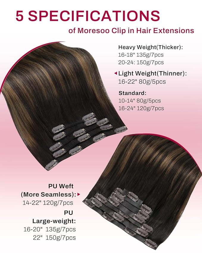 Moresoo Clip in Hair Extensions Real Human Hair Balayage Dark Brown with Chestnut Brown 5pcs 80g Remy Straight Invisible Double Weft Ombre Human Hair Clip in Extensions 18inch